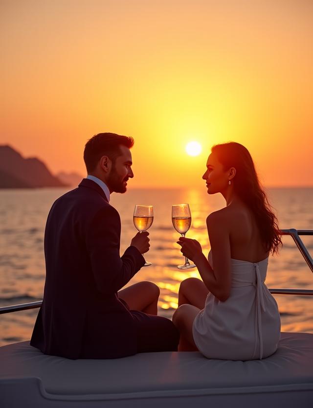 Coppia che gode di un aperitivo al tramonto su un ponte di yacht.